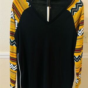 PrinStory Black Top with Multicolor Chevron Sleeves